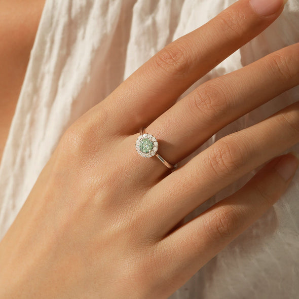 Halo 0.5CT Green Moissanite Silver Ring
