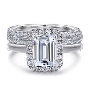 2PCS 2.0ct Emerald Cut Halo Engagement Ring Set in Sterling Silver