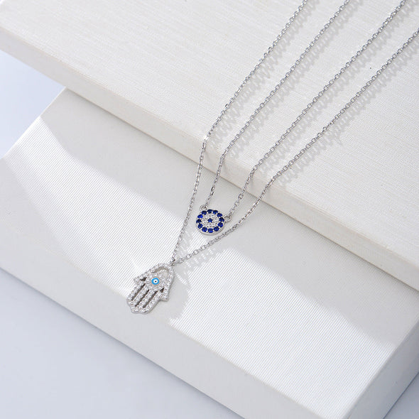 Devil Eye Hamsa Palm Double Layed Necklace