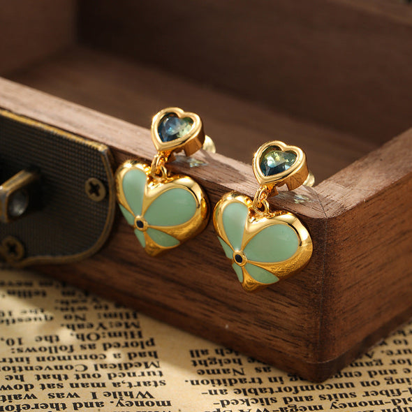 Luxury Vintage Flower Enamel Heart Earrings