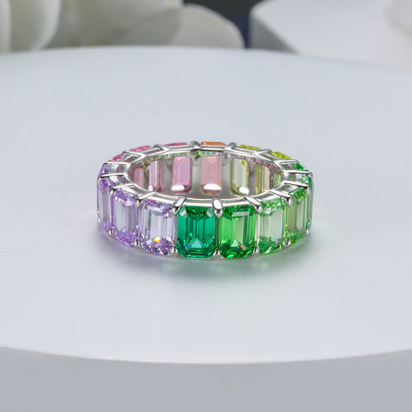 Rainbow Design Emerald Cut Eternity Wedding Band