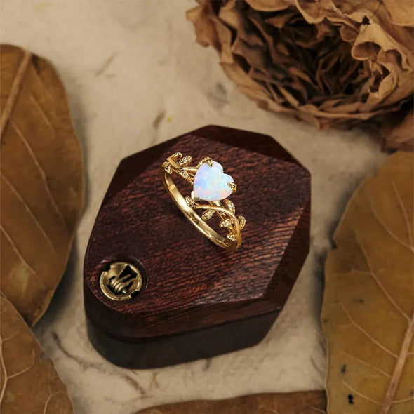 Retro Leaves Design Heart Shape Opal Engagement Ring