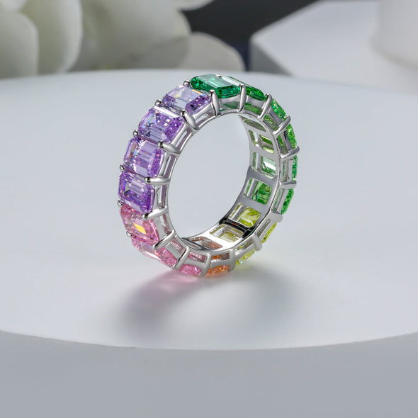 Rainbow Design Emerald Cut Eternity Wedding Band