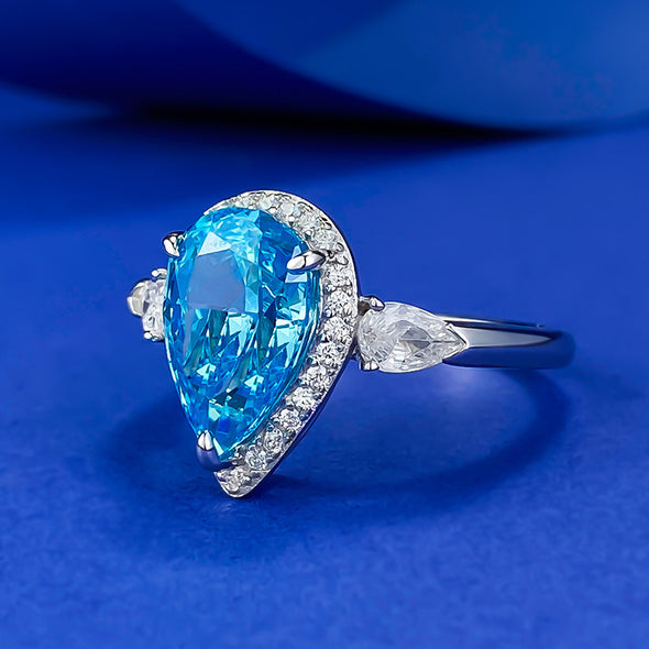 Vintage-Style Halo Aquamarine Pear Cut Engagement Ring in Sterling Silver