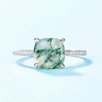 Cushion Shape Natural Green Moss Agate Engagement Ring