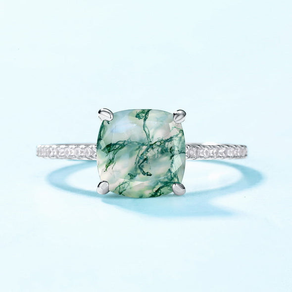 Cushion Shape Natural Green Moss Agate Engagement Ring