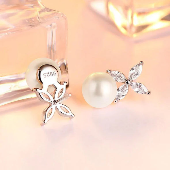 Four Leaves Clover With Pearl Stud Earrings