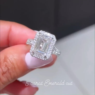 Gorgeous Halo Split Shank Emerald Cut Engagement Ring In Sterling Silver