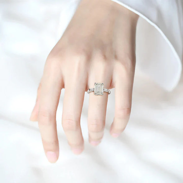 Classic Three Stone Emerald Cut Engagement Ring