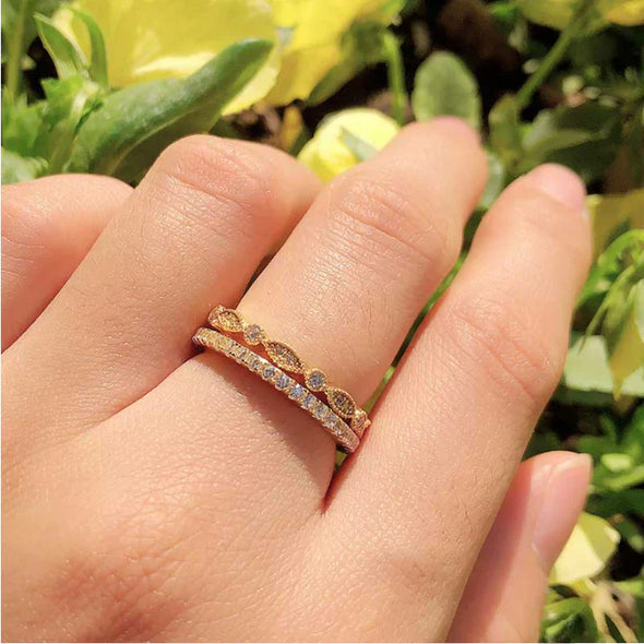 2pcs Golden Tone Art Decor Eternity Stackable Wedding Band