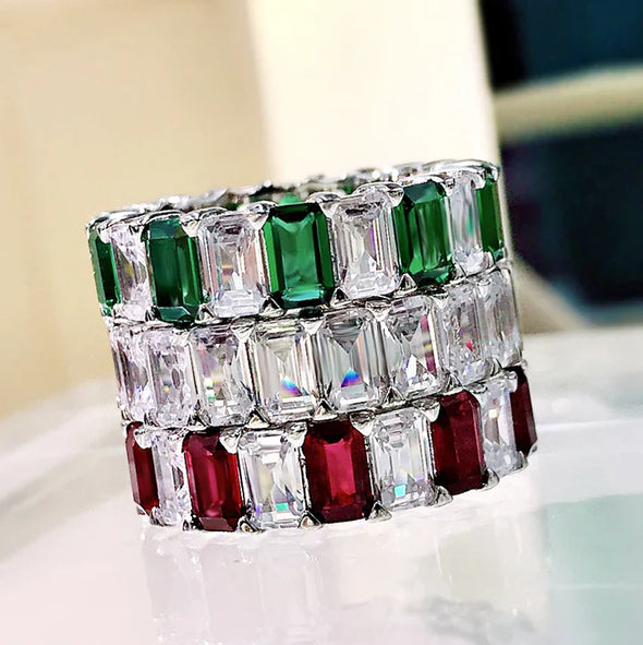 Multi-Colored Eternity Emerald Cut Sterling Silver Wedding Band