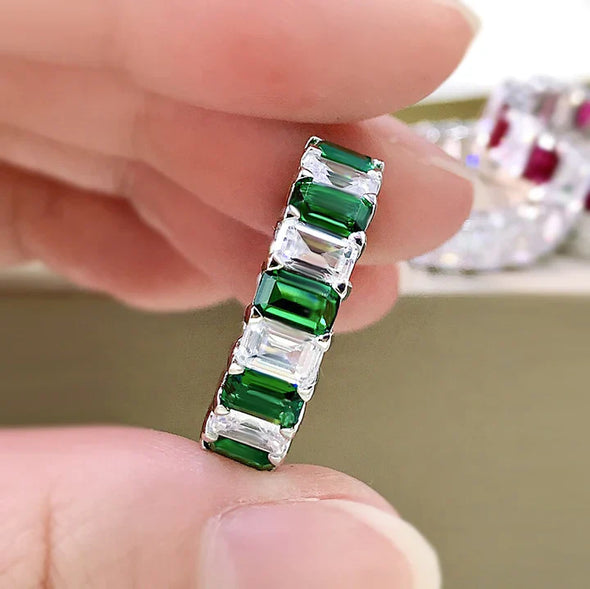 Multi-Colored Eternity Emerald Cut Sterling Silver Wedding Band