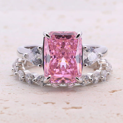 4.0CT Three Stone Pink Sterling Silver Engagement Ring with Eternity Band