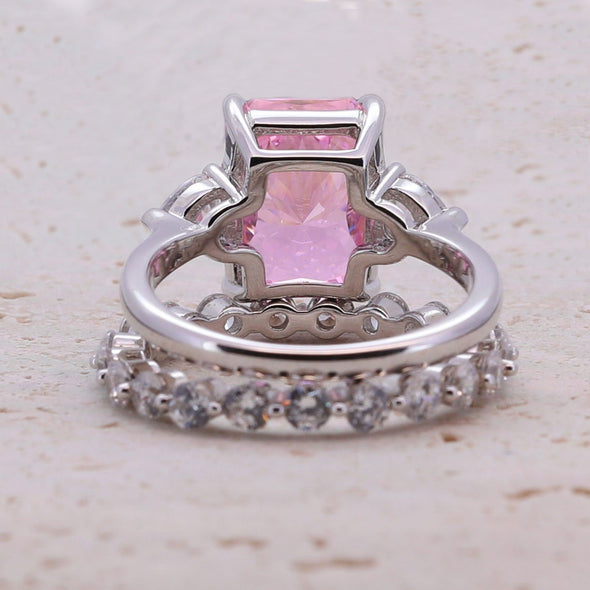 4.0CT Three Stone Pink Sterling Silver Engagement Ring with Eternity Band