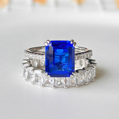 2 Pcs Blue Emerald Cut Bridal Set In Sterling Silver