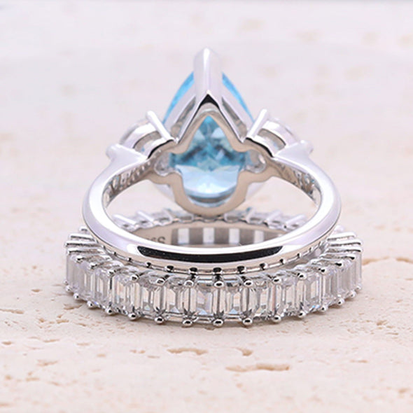 4.0ct Pear Cut Blue Gemstone Engagement ring with Eternity Band