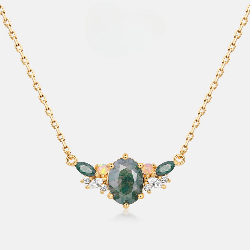 Luxury Natural Green Moss Agate Silver Neckalce