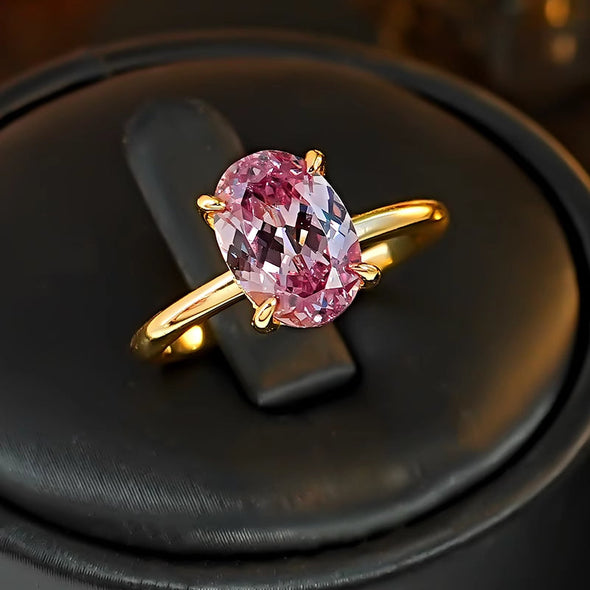 Classic Pink Tourmaline Oval Cut Golden Tone Engagement Ring