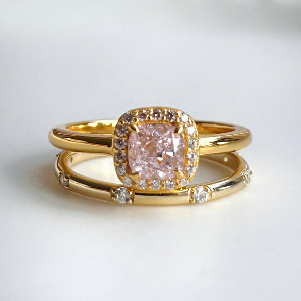 2 Pcs Pink Cushion Cut Halo Sterling Silver Bridal Set In Golden Tone