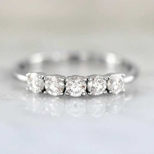 Round Five Stone Diamond Delicate Solitaire Accent Half Eternity Wedding Band