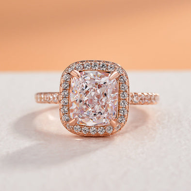 Classic Rose Gold Tone Halo Radiant Cut Sterling Silver Engagement Ring