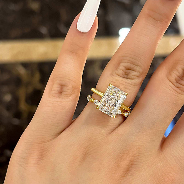 Exquisite Golden Tone Radiant Cut Wedding Bridal Set In Sterling Silver