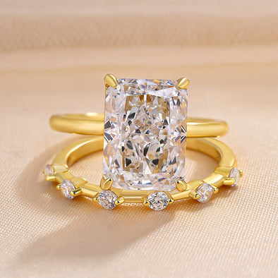 Exquisite Golden Tone Radiant Cut Wedding Bridal Set In Sterling Silver