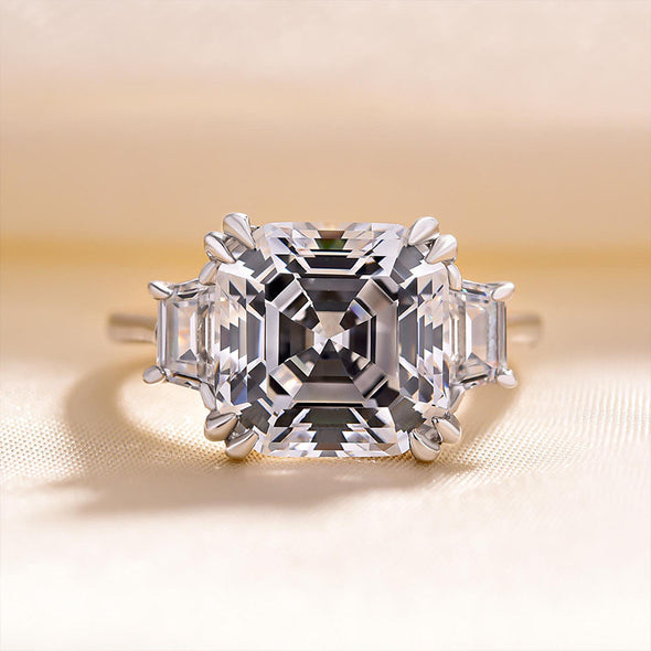 Exclusive Asscher Cut Three Stone Engagement Ring In Sterling Silver