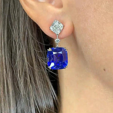 gorgeous Blue Cushion Cut Drop Earrings In Sterling Silver