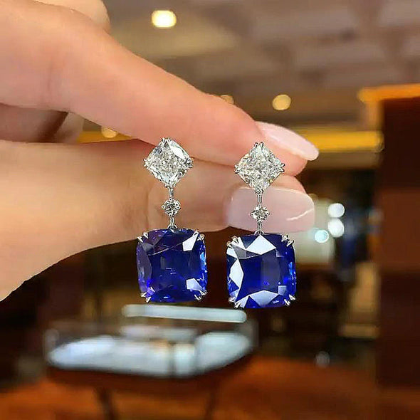 gorgeous Blue Cushion Cut Drop Earrings In Sterling Silver