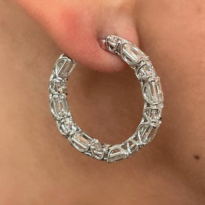 Exquisite Emerald Cut & Round Cut Hoop Earrings In Sterling Silver