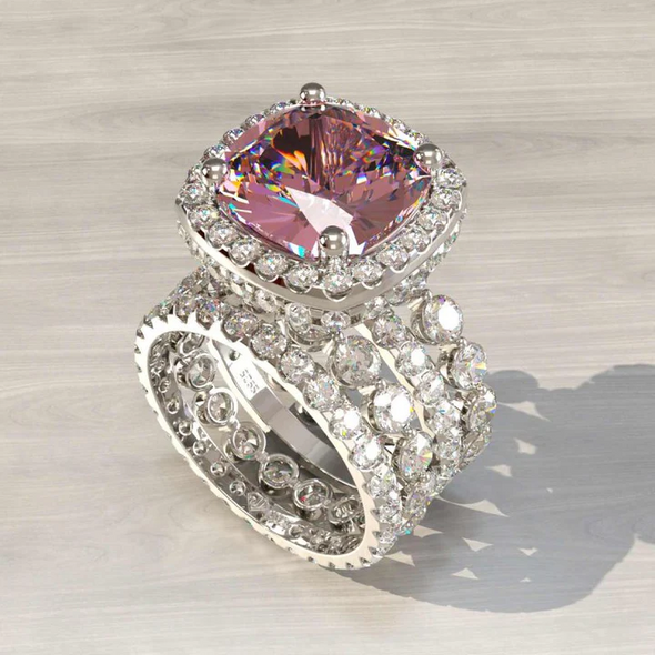 Vintage Colored Cushion Cut Halo 4 Pcs Bridal Set