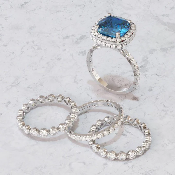 Vintage Colored Cushion Cut Halo 4 Pcs Bridal Set