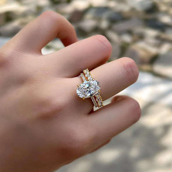 Golden Tone Oval Cut Sterling Silver Bridal Set with Exquisite Marquise & Round Cut Band