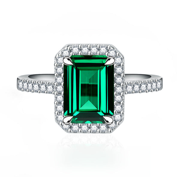 Multi-Color Halo Emerald Cut Engagement Ring In Sterling Silver