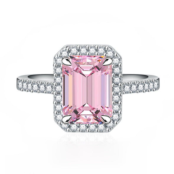 Multi-Color Halo Emerald Cut Engagement Ring In Sterling Silver