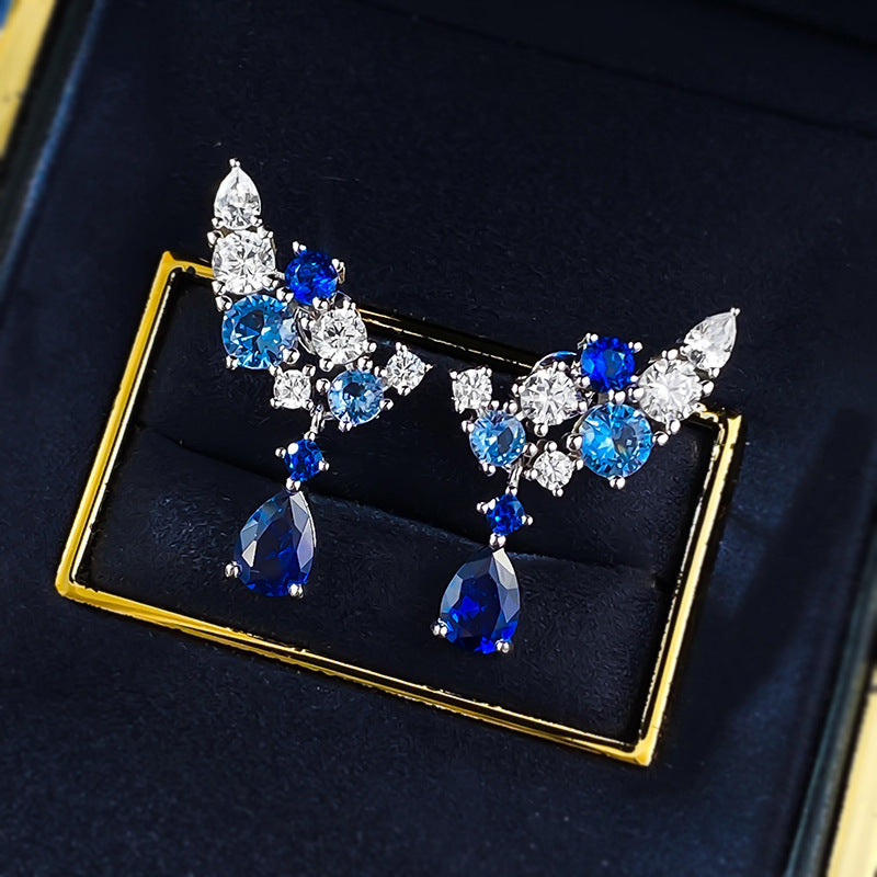 “Celestial Bloom” Blue & White Gradient Drop Earrings in 925 Sterling Silver