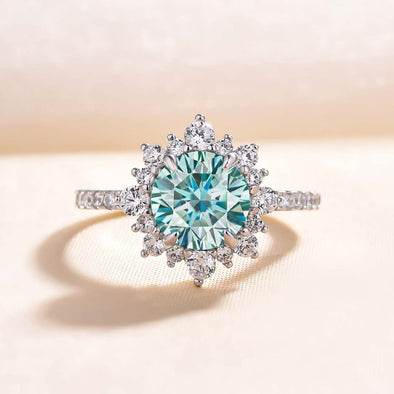 Exquisite Snowflake Round Cut Cyan Blue Engagement Ring In Sterling Silver