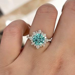 Exquisite Snowflake Round Cut Cyan Blue Engagement Ring In Sterling Silver