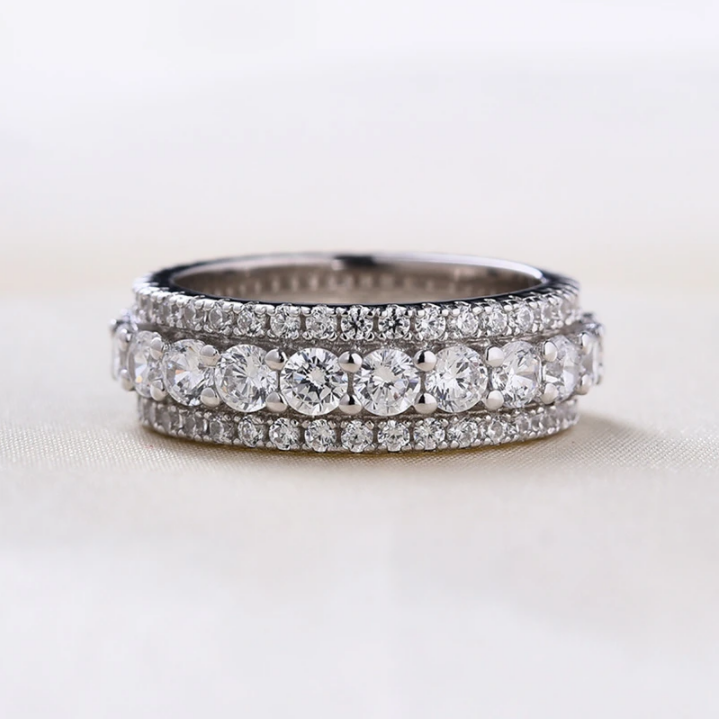 Eternity Round Cut Triple-Row Wedding Band In Sterling Silver