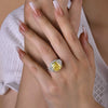 Yellow Halo Cushion Cut Three Stone Sterling Silver Engagement Ring