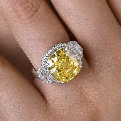 Yellow Halo Cushion Cut Three Stone Sterling Silver Engagement Ring
