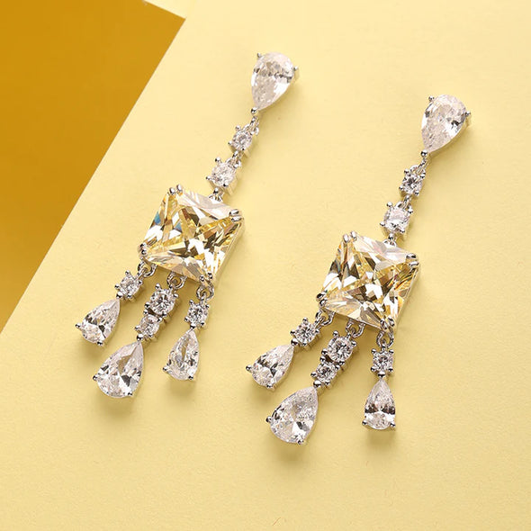 Luxury Yellow Radiant Cut Gem Sterling Silver Drop Earrings