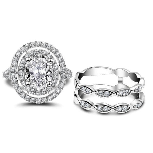 Oval Cut Double Halo Bridal Set with Double Edge Band