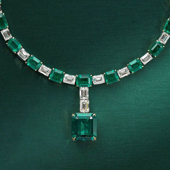 Vintage Emerald Earrings & Tennis Necklace Jewelry Set