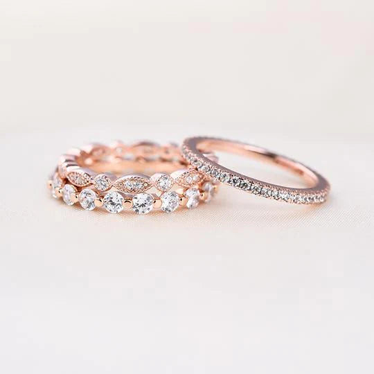 Art Decor Rose Golden Tone 3-Pieces Stackable Wedding Band Set