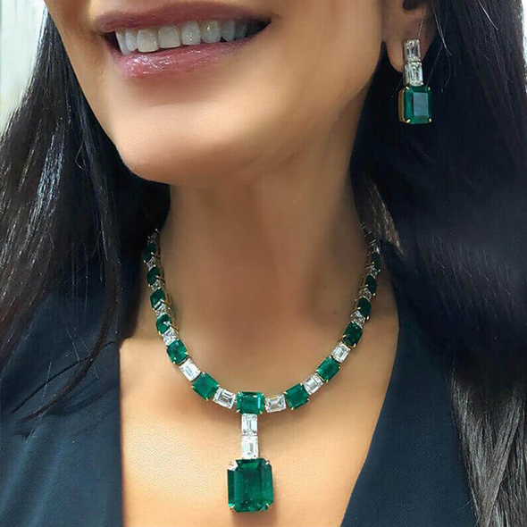 Vintage Emerald Earrings & Tennis Necklace Jewelry Set