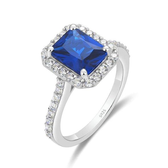 Vintage Blue Radiant Cut Halo Sterling Silver Engagement Ring