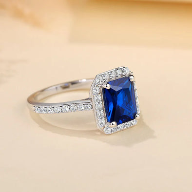 Vintage Blue Radiant Cut Halo Sterling Silver Engagement Ring