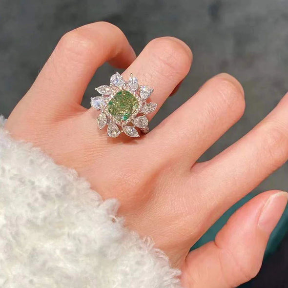Gorgeous Flower Design Mint Green Cushion Cut Sterling Silver Engagement Ring